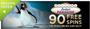 90 Free Spins on Penguin Splash slot at Jackpot Paradise!